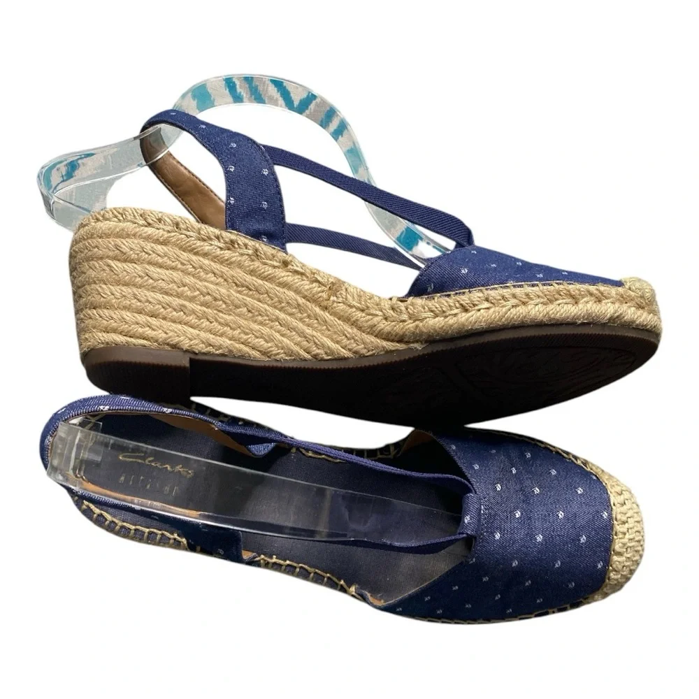 Clarks Blue Polka Dot Espadrille Wedge Sandals Coastal Resort Vacation Sz 8